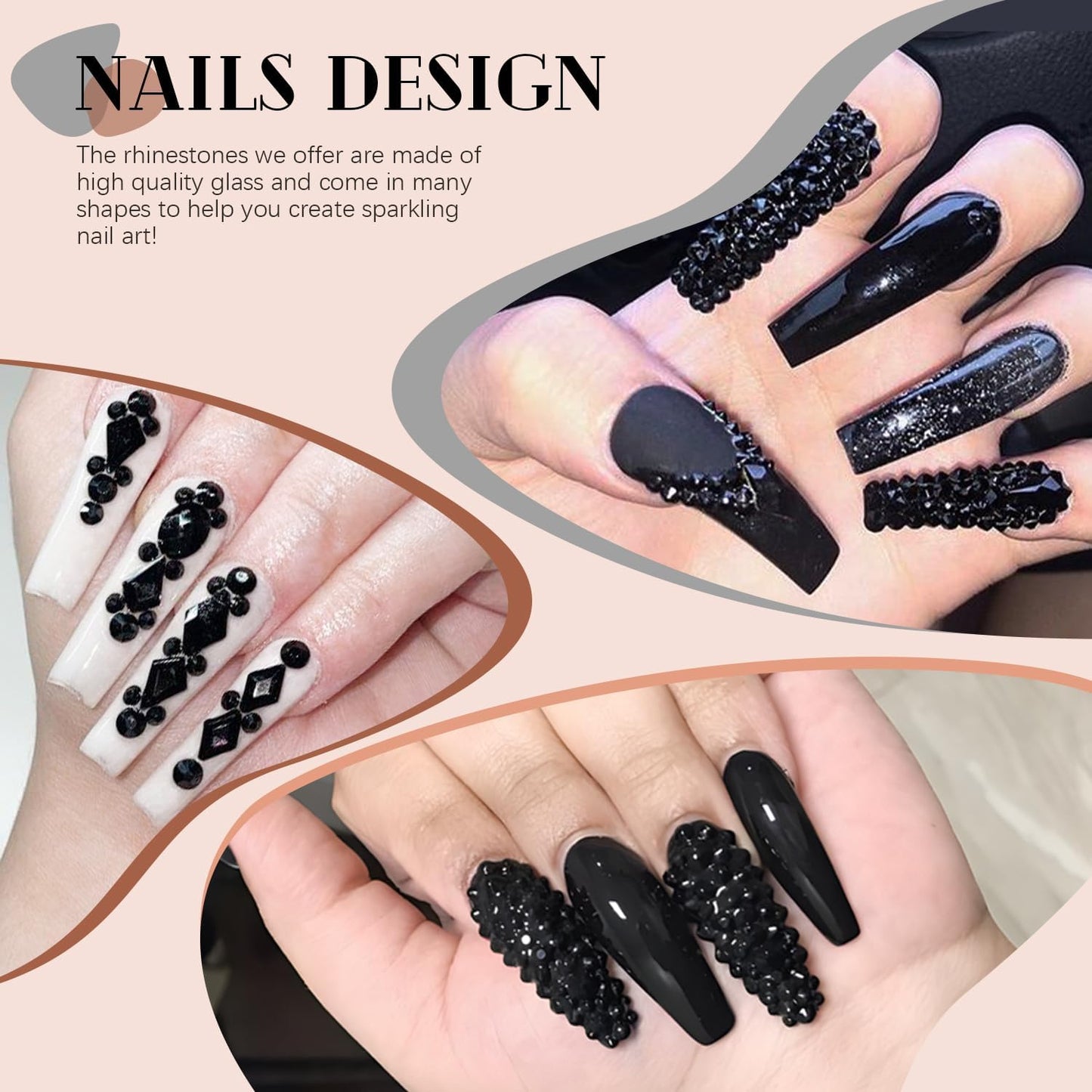 2060Pcs Black Glass Nail Rhinestones 60Pcs Multi Shapes Flatback Nail Gems + 2000Pcs 1.5-4mm Round Crystal, Manicure Nail Charms Diamond Gemstones for Acrylic Nails Decoration