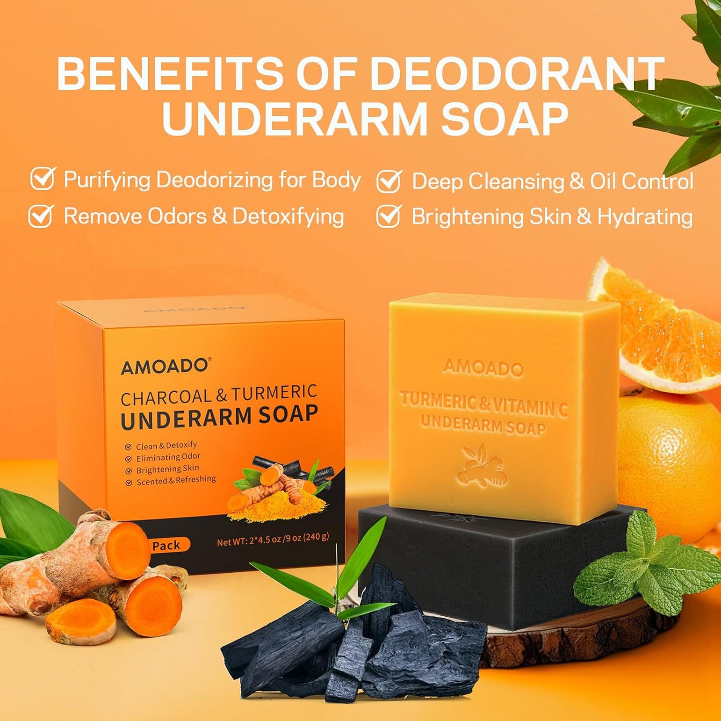 Armpit Detox Soap Set, Underarm Brightening Deodorant Soaps for Dark Armpit Remover, Eliminate Odor, Natural Turmeric Bar with VC, Charcoal Soap with Mint - included Sisal Mesh Bag