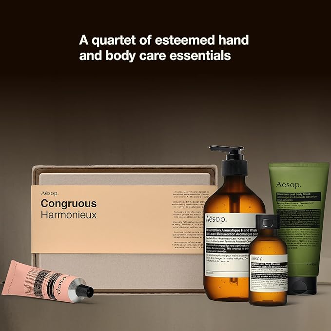 Aesop Congruous Gift Set | Resurrection Aromatique Hand Wash & Balm, Geranium Leaf Body Scrub & Cleanser | Vegan, Cruelty-Free, Paraben-Free | 4 Pc Luxury Self-Care Kit