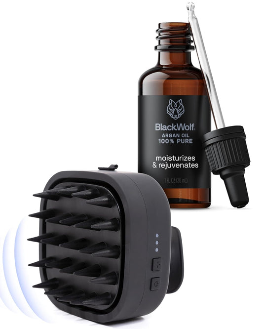 Black Wolf Sonic Scalp Head Massager & 100% Pure Argan Oil Bundle - Hair Care Products for Healthy Looking Hair & Scalp - Men's Shower & Bathroom Essentials Set