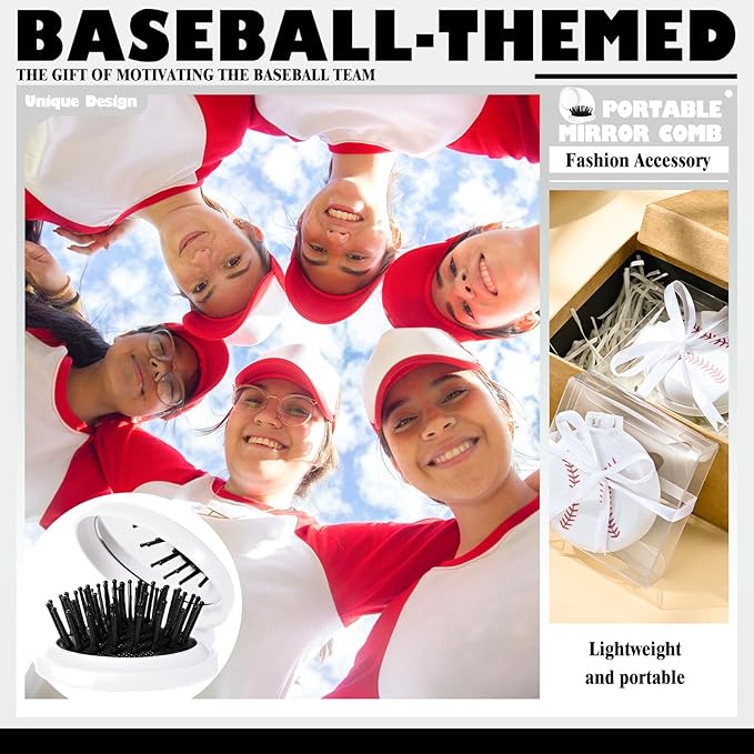 12 Set Baseball Gifts for Team Mini Hair Brush with Ribbons Baseball Hair Accessories, Soft Flexible Mini Travel Hair Brush for Girls Baseball Party Favors