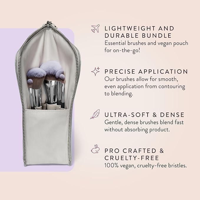 BK BEAUTY BRUSHES - ANGIE HOT & FLASHY Travel Brush Set with Pouch - Foundation Makeup Brushes - Brush for Liquid or Cream Foundations - Under-Eye Concealer | Bronzer, Blush & Highlighter Makeup Brush