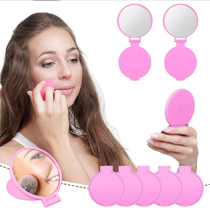 50 Pcs Round Compact Mirror for Purse Mini Folding Mirror Portable Pocket Mirror Makeup Small Mirror Vintage Portable Travel Makeup Mirror for Women Daily Use (Pink)