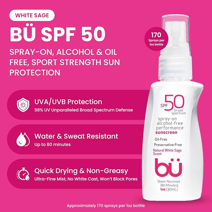 BU SPF 50 Sunscreen Spray for Face and Body, Non Aerosol Spray, TSA Travel Size Sunscreen, Clear, Non Greasy, Water Resistant, for Sensitive Skin, White Sage 1 oz