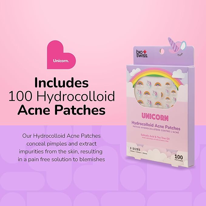 BioSwiss Pimple Patches, Rainbow Unicorn Patch for Zits and Blemishes, Hydrocolloid Spot Stickers for Face and Skin, 100 Count