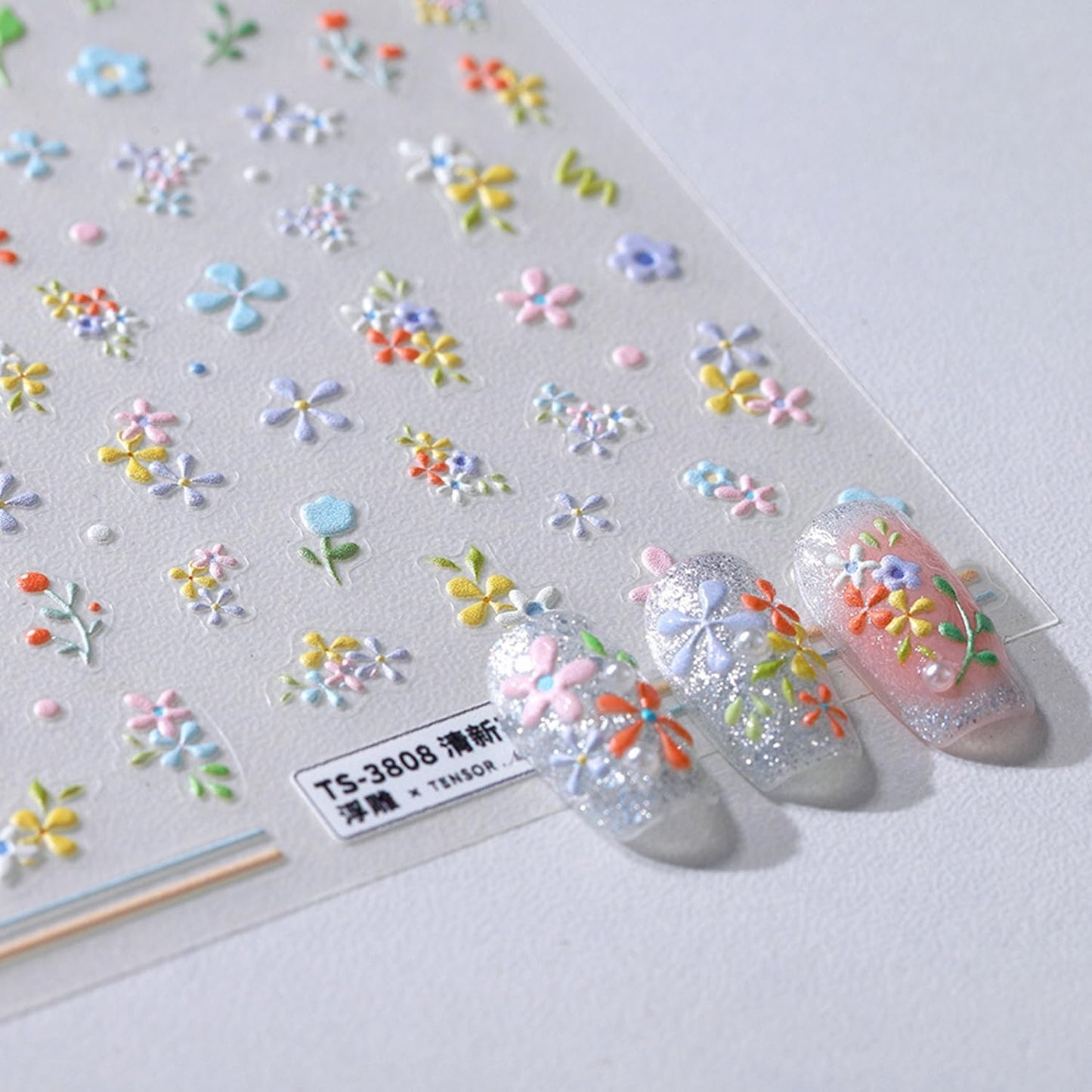 5D Embossed Flower Nail Stickers for Nail Art Summer Floral Leaf Nail Art Stickers Self-Adhesive Cute Nail Decals Supplies Design Sticker(1, Colorful Flower)