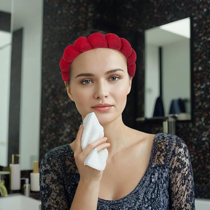 7 Pcs Spa Set, Facial Headband, Spa Headband and Wristband Set, Skincare Headband, College Style Girl Gift, Hair Accessories for Women and Girls（Red）