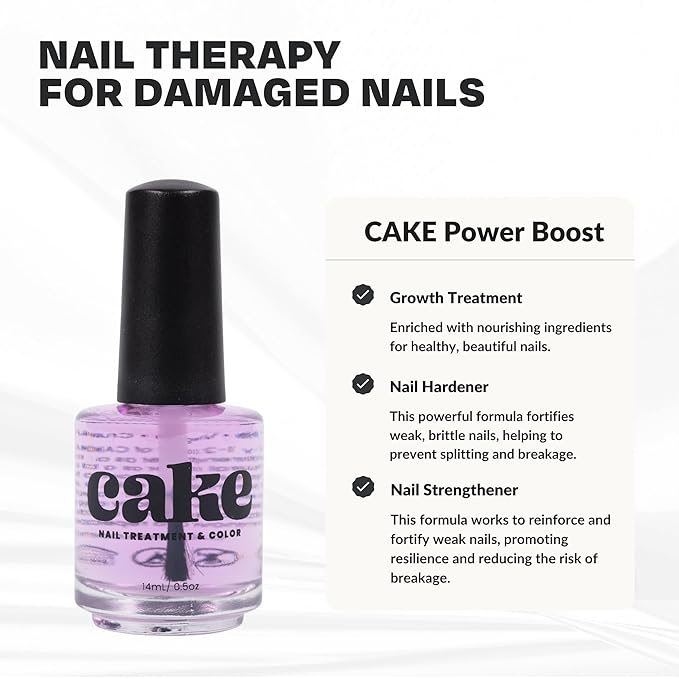 Nail Strengthener Power Boost Growth Formula, Keratin, Biotin, & Vitamin E, 21- Free, Repairs Damaged Nails, Stops Peeling & Chipping, Use as Clear Base Coat & Topcoat .50 fl. Oz. CAKE Nail Treatment
