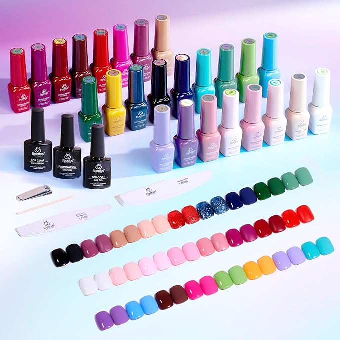 Beetles Gel Nail Polish Set, 25 Colors Color Dairy Polish Kit, Nude Black Brown Red Color Gel Nails with Base Coat Glossy & Matte Top Coat Colorful Bottles DIY Salon Nail Manicure Kit Gifts for Women