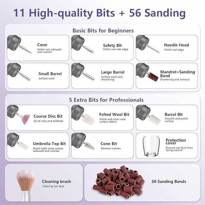Cordless Nail Drill Electric Rechargeable File Kit, Professional Efile Acrylic Gel Nail Polish Remover Pedicure Manicure Machine Portable Set with 11 Bits 56 Sanding Bands for Salon Home Gray