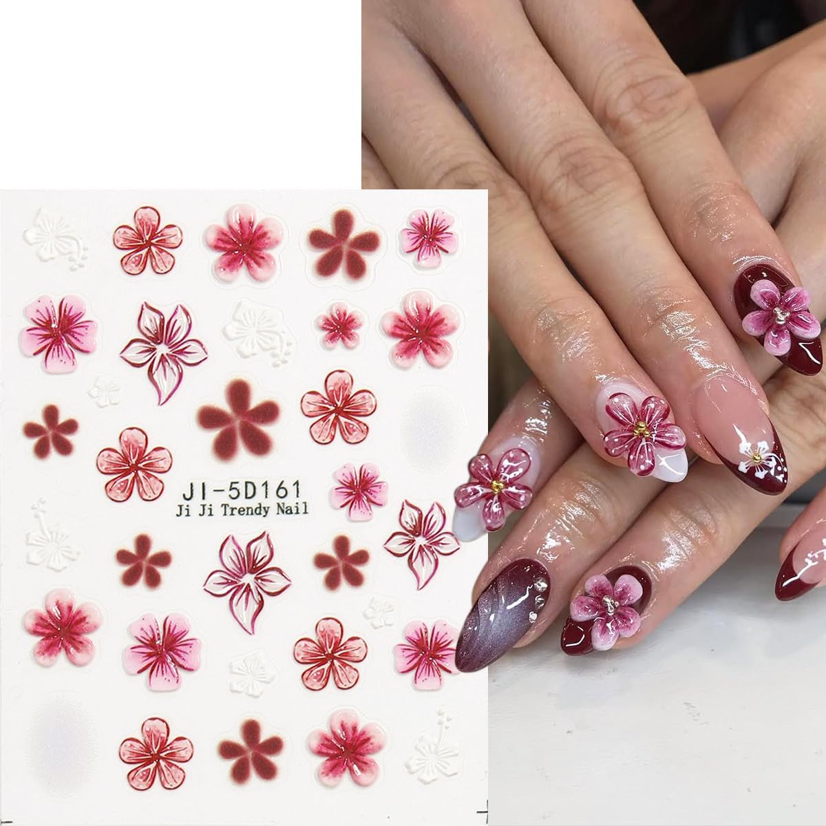 Blue Flowers Stickers for Nails 5D Embossed Flower Nail Stickers Lily Hibiscus Cherry Blossom Rose Floral Nail Decals Self Adhesive Nail Wraps Spring Summer Nails Pegatinas para Uñas 5 Sheet