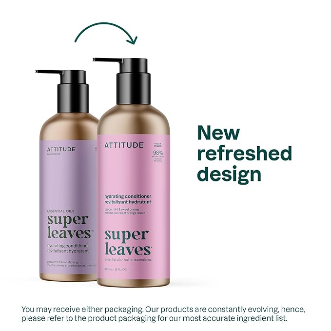 ATTITUDE Hydrating Conditioner, Peppermint & Sweet Orange, with Essential Oils, Vegan & Plant-Based, Aluminum Bottle, For Dry and Damaged Hair, 16 Fl Oz