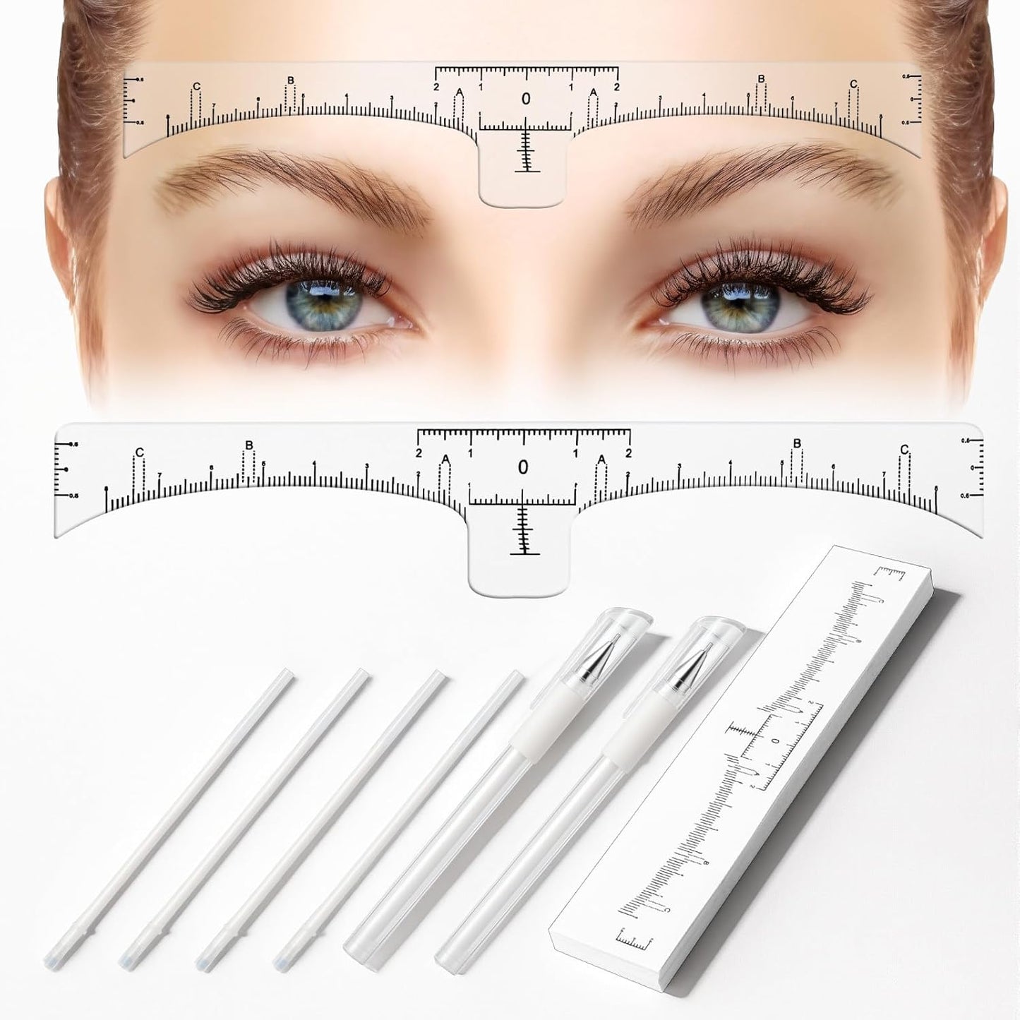 56 PCS Eyebrow Microblading Marker Pen & Disposable Brow Ruler - 2 Pcs Brow Mapping Pens with 4 Refills + 50 Pcs Eyebrow Stencil Guide Stickers - for Eyebrow Lamination, Lip & Skin Tattoo Makeup