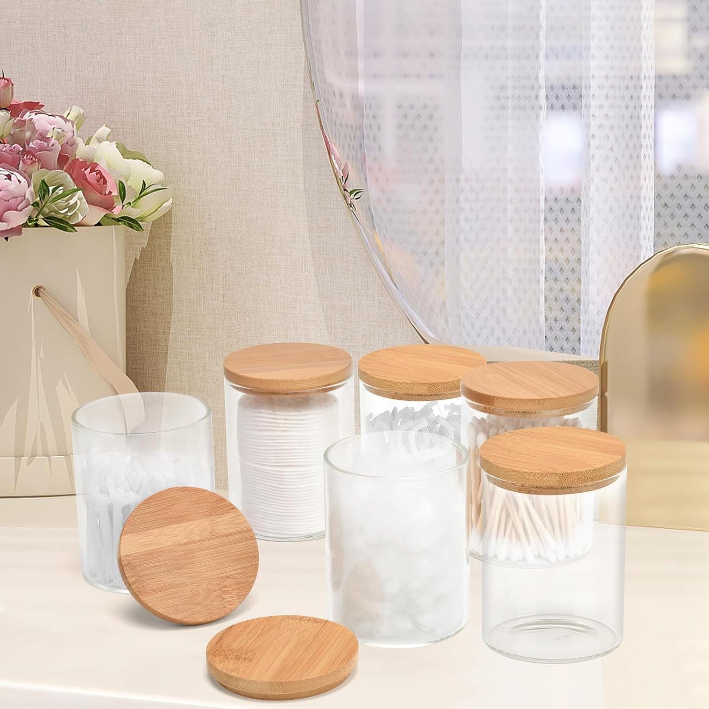 6 Pack Glass Qtip Holder Dispenser Set - Apothecary Jars with Lids for Vanity Makeup Organizer - Bathroom Canister Storage Organizer for Cotton Ball, Cotton Swab, Cotton Round Pads,Floss