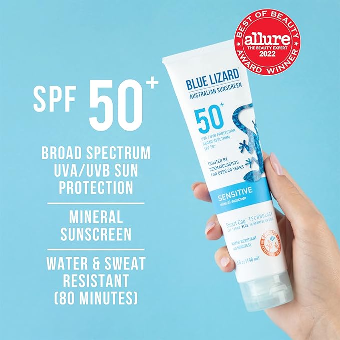 BLUE LIZARD Sensitive Mineral Sunscreen with Zinc Oxide 50+ Water Resistant UVAUVB Protection with Smart Cap Technology Fragrance Free, Sensitve, SPF 50 - - Tube, Unscented, 5 Fl Oz (Pack of 2)