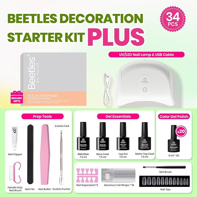 Beetles Gel Nail Polish Kit with U V Light: 34pcs Gel Polish Set Popular 20 Colors with Base Matte & Glossy Top Coat, Medium Coffin Press on Nails Accessories DIY Salon Gifts for Women Teen Girls