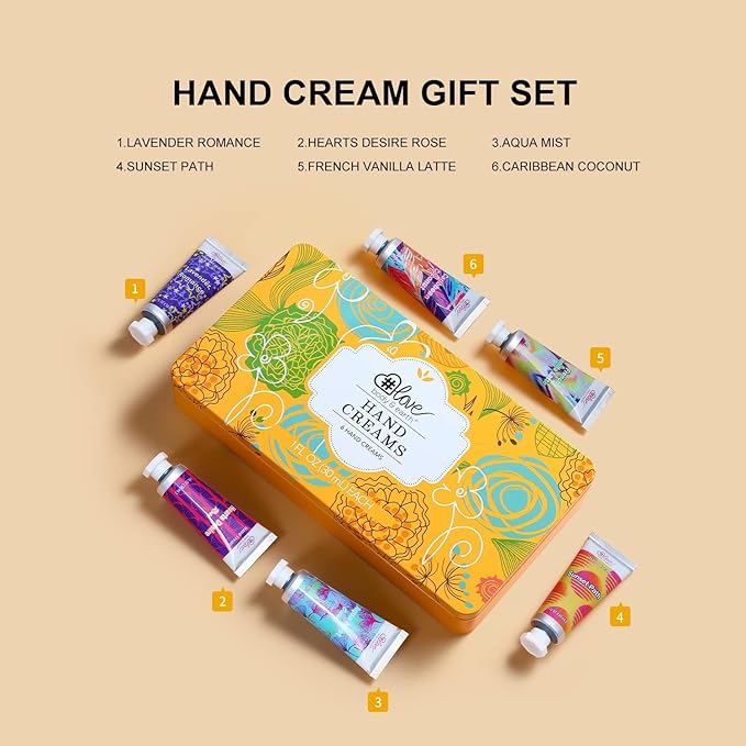 BODY & EARTH # LOVE Hand Cream Gift Set Hand Lotion with Organic Argan Oil to Nourish and Deeply Moisturize Rough Hands, 6 x 1.0 oz Travel Size Hand Lotion Cream, Gift for Women Mom Birthday Gifts