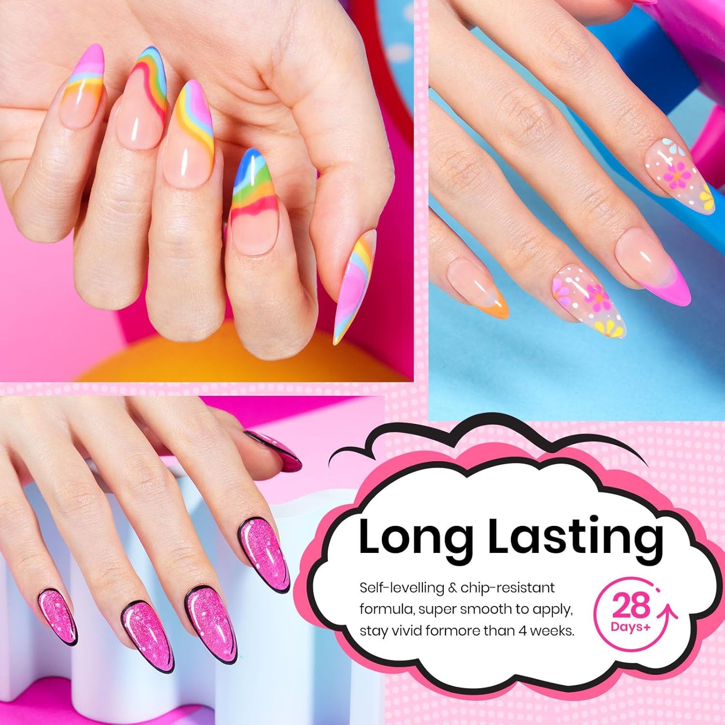 Beetles Summer Gel Nail Polish Set 24pcs Jelly Neon Hot Pink Orange Green Blue Purple Color with White Black Liner Gel Polish and Base Top Coat Nail Art Pen Gifts for Women Fancy Pop