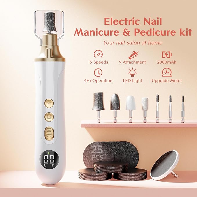 Cordless Nail Drill Electric Nail File: Professional Manicure Pedicure Kit for Acrylic Gel Nails Grind Trim Polish, 15-Speed Brushless Electric Foot Callus Remover ,Nail Tool for Women & Men.