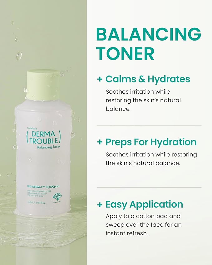 Derma Trouble 3-Step Acne Kit - Korean Skin Care Routine for Clogged Pores & Sensitive Skin, Gentle pH-Balanced Cleanser, Toner & Cream, Non-Irritating Formula. Anti-Sebum Complex, Fusiderm-T