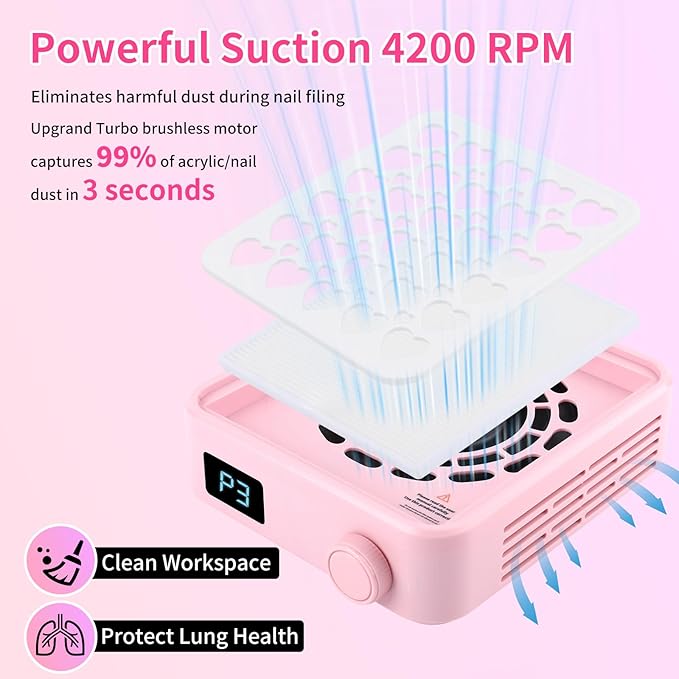 BQAN Nail Dust Collector Portable for Home & Salon - 4200RPM Vacuum with Reusable Filter, for Acrylic Drilling Dust Beginner Friendly Small Manicure Tool (Pink)