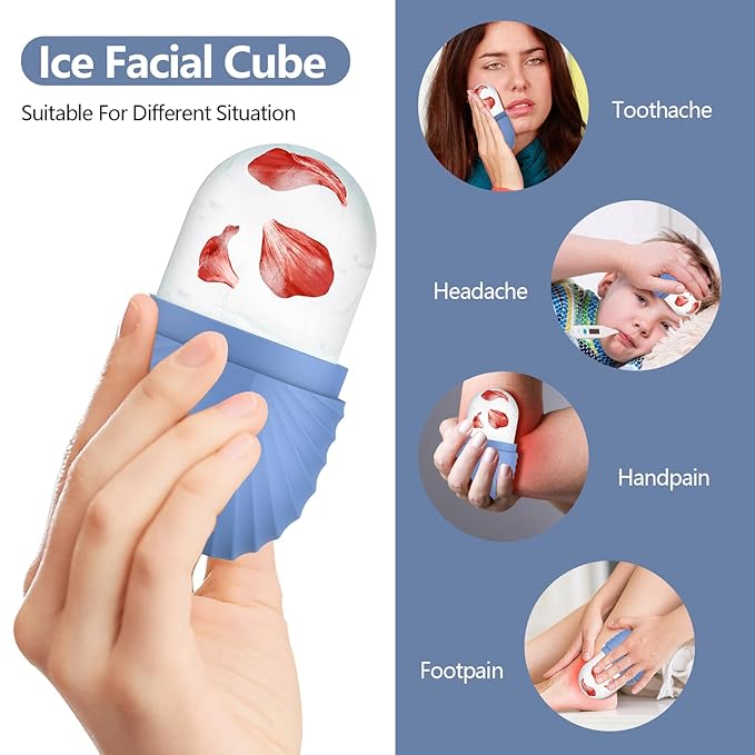 2pcs Ice Roller for Face and Eye, Silicone Ice Facial Roller Ice Holder, Face Ice Mold Skin Care, Face Icers Reusable Ice Cube Roller for Shrink Pores Anti Wrinkle Reduce Puffiness, Black Blue