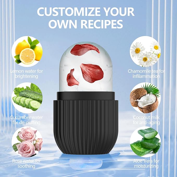 2pcs Ice Roller for Face and Eye, Silicone Ice Facial Roller Ice Holder, Face Ice Mold Skin Care, Face Icers Reusable Ice Cube Roller for Shrink Pores Anti Wrinkle Reduce Puffiness, Black Rose