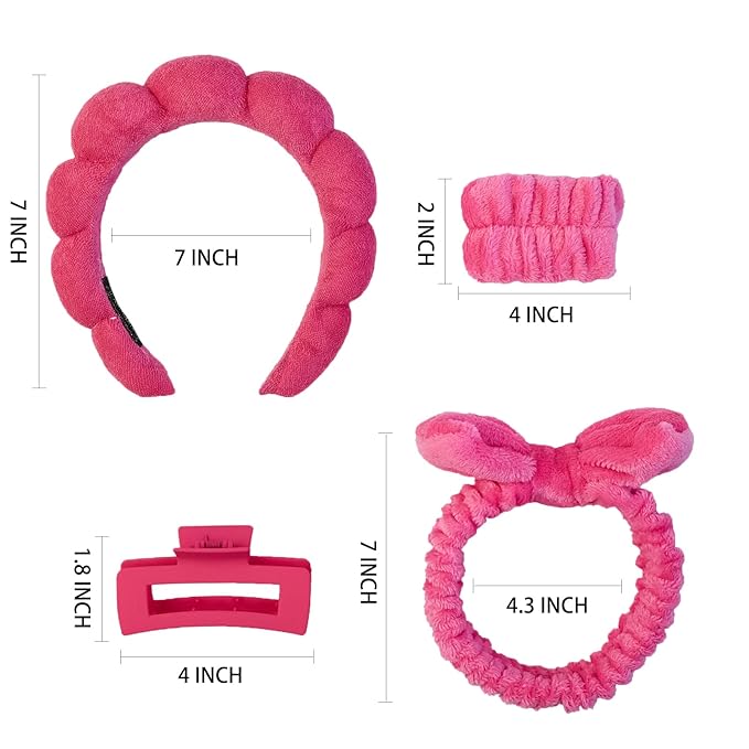 7 Pcs Spa Set, Facial Headband and Wristband Set, Skincare Accessories, College Style Girl Gift, Hair Accessories for Women and Girls（Hot Pink）