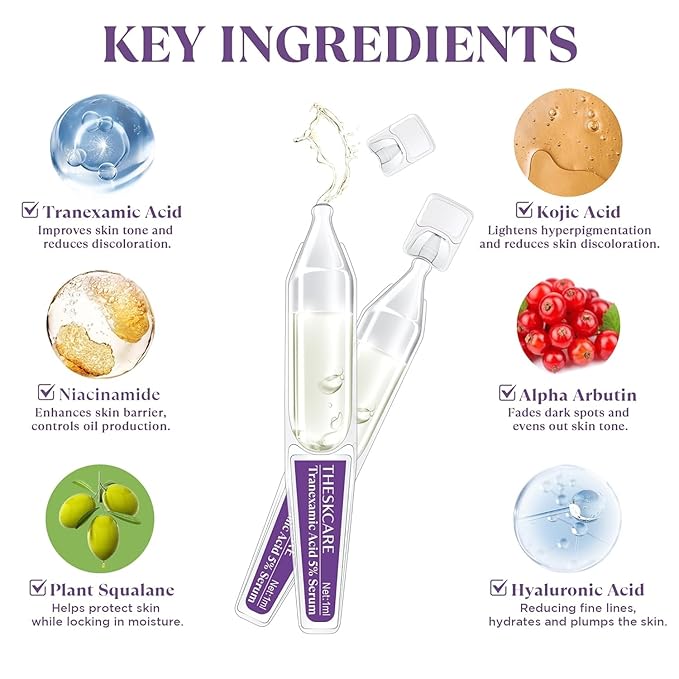 5% Tranexamic Acid Serum Ampoule for Face with Niacinamide,Kojic Acid & Alpha Arbutin,Skin Glowing Serum for Dark Spots,Even Out Skin Tone,30 Ampoules
