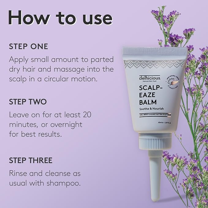 Delhicious Dry Itchy Scalp Treatment Moisturizer Balm - Amla Hair Oil, Shea Butter & Mango Butter - Scalp-Eaze - Psoriasis Scalp Treatment, Dry Scalp Serum - SLS Free, Natural, Vegan, Ayurveda - 65ml