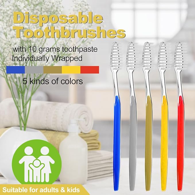 Disposable Toothbrushes with Toothpaste Individually Wrapped 5 Colors Bulk Toothbrush and Toothpaste 10g for Homeless,Shelter,Air Bnb/Hotel/Guest Apartment (500)