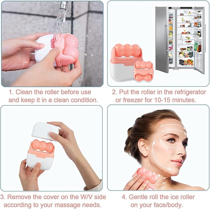 2-in-1 Face Skin Care Tool - Personal Cooling Ice Roller Massager for Eye Puffiness, Migraine, TMJ Pain Relief & Minor Injury (Pink)