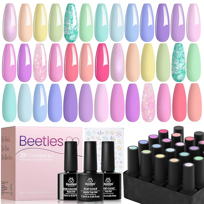 Beetles Pink Gel Nail Polish Set, 20 Color Macaron Colors Bright Pink Green Pastel Nail Polish Kit with Base Gel Glossy & Matte Top Coat Soak off Uv Nail Art Halloween Gifts for Women