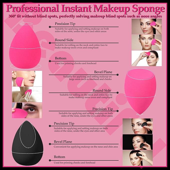 14 Pcs Makeup Sponges,Beauty Sponges Blender with 4 Pcs Powder Puff and 4 Pcs Mini Make up Sponges Valentine's Day Gift,Mother's Day Gift for Women Liquid,Foundation,Powder,Concealer(Black,Hot pink)