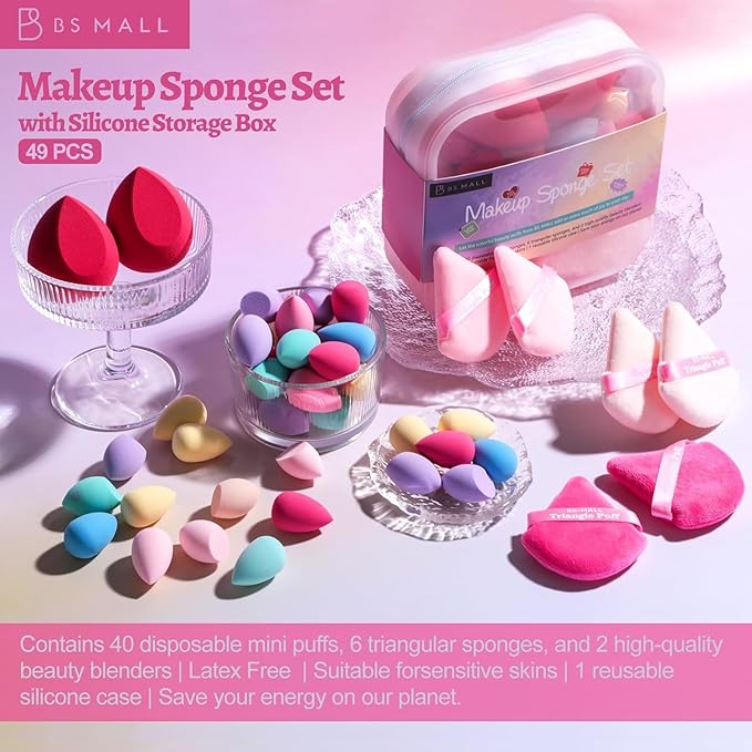 BS-MALL Professional Makeup Sponges Triangle Puff 49 Pcs- Pro V3.0 Cloud Technology Makeup Sponge Material Flawlessflow Mini Sponge Set & Triangle Puff With Waterproof Travel Silicone Bag Gift Set