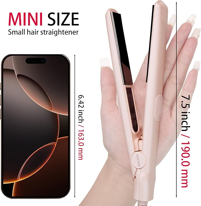 ANGENIL Pro Ceramic Tourmaline Mini Flat Iron for Short Hair, Portable Small Flat Iron with Anti-Scald Silicone, 0.7 inch Travel Size Hair Straightener, 20S Fast Heating, 3 Temp (280℉- 320℉ -380℉)
