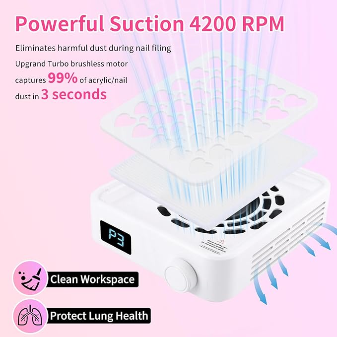 BQAN Nail Dust Collector Portable for Home & Salon - 4200RPM Vacuum with Reusable Filter, for Acrylic Drilling Dust Beginner Friendly Small Manicure Tool (White)