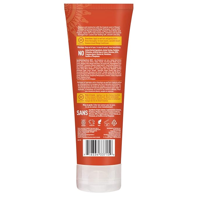Desert Essence Island Mango Shampoo, 8oz - Rich Repair with Mango Seed Butter, Organic Hemp Oil, Jojoba & Shea Butter - Vegan, Gluten-Free - Tropical Scent