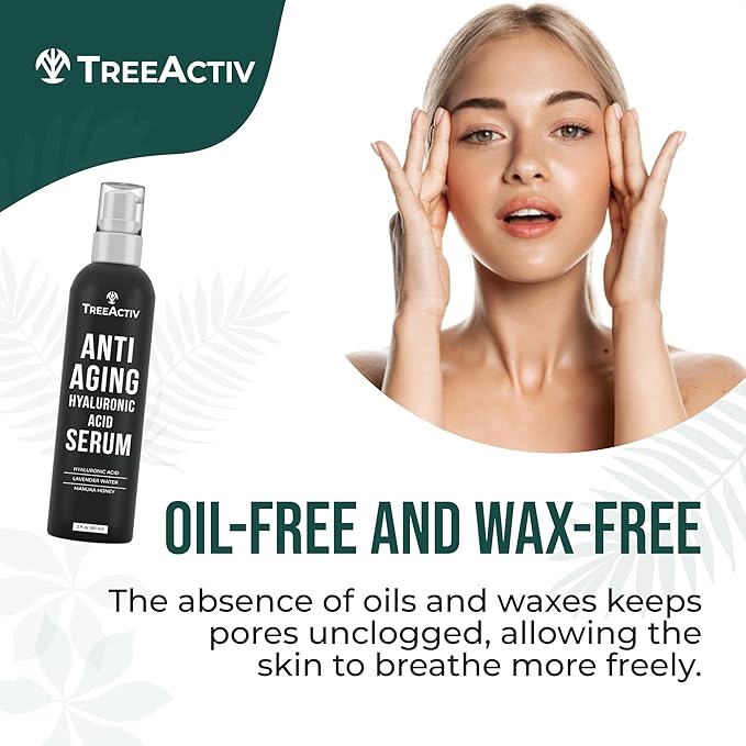 Anti-Aging Hyaluronic Acid Serum for Face 2 oz, Hydrating Wrinkle Repair for Skin Care, Pure Hyaluronic Acid Face Serum for Women, Oil-Free Anti-Aging for Advanced Skin Repair TreeActiv