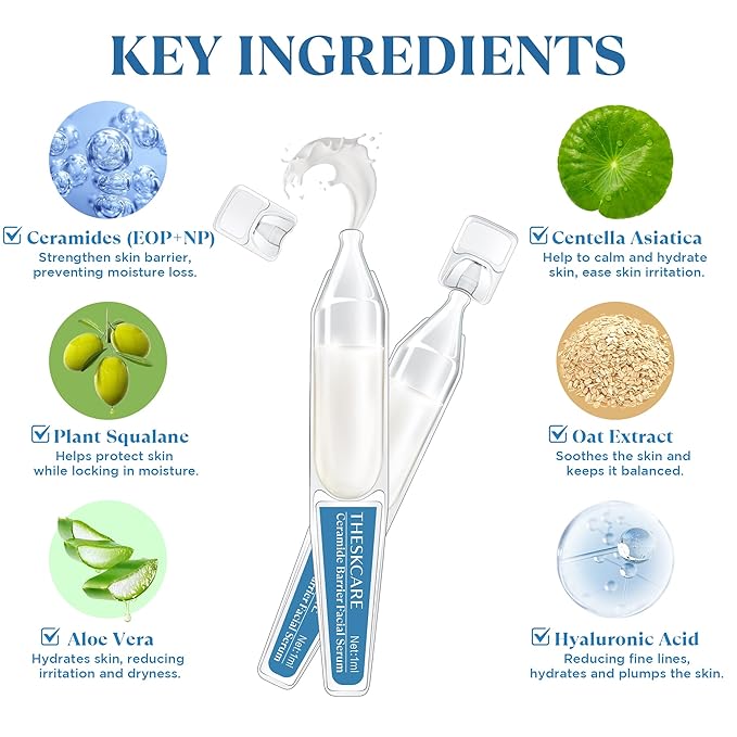Ceramide Barrier Serum for Face with Hyaluronic Acid,Centella Asiatica & Beta Glucan,Smoothing Facial Serum for Skin Barrier,Redness & Dry Skin,Calming & Hydrating,30 Ampoules