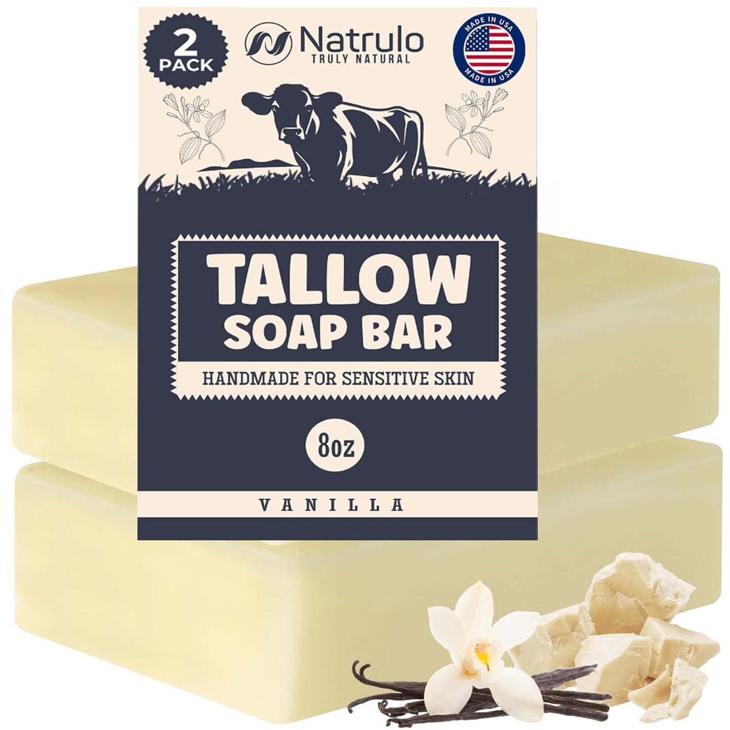 Beef Tallow Soap Bar – All Natural Grass Fed Tallow Soap Vanilla – Moisturizing Face & Body Wash Great for Eczema, Dry, Itchy, Sensitive Skin – Handcrafted Bath Soap for Adults, Kids, Made in USA