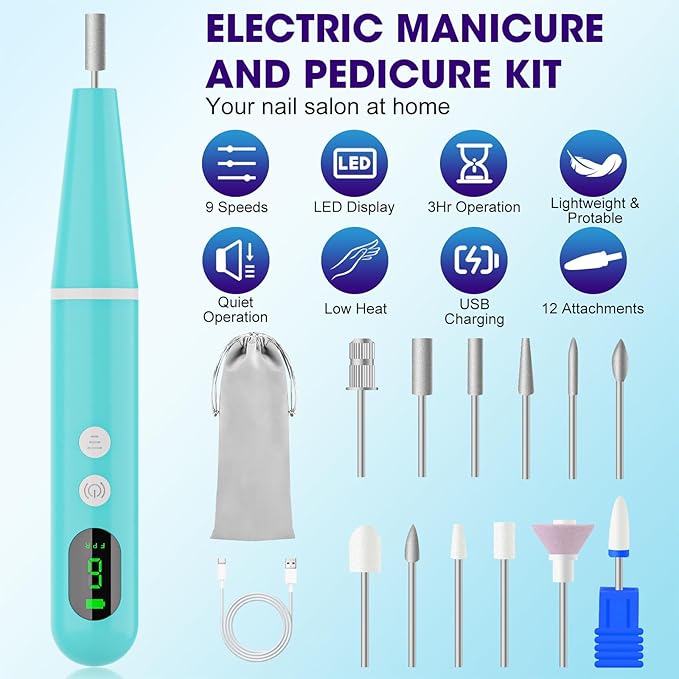 Cordless Nail Drill, Super Lightweight Electric Nail File, Low Noise Electric Nail Drill with 9 Speed & LCD Display, Wireless Toenail Grinder for Thick Nail Toenail Cuticle Human Women Baby Pets