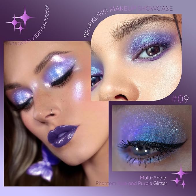 Chameleon Purple Blue Glitter Eyeshadow Makeup, Holographic Color Shifting Shimmer Multichrome Eye Highlighter Palette Iridescent Sparkling Inner Corner Brightener, sombras para ojos 09