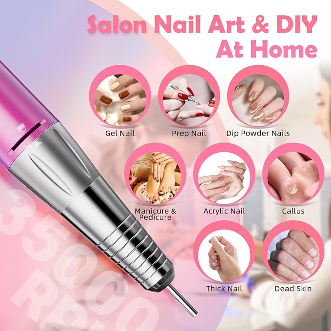 CIVPOWER Nail Drill Professional: 35000RPM Electric Nail File - Portable Rechargeable LED Display Nail Tool Kit- Manicure Pedicure Salon Home DIY Pink
