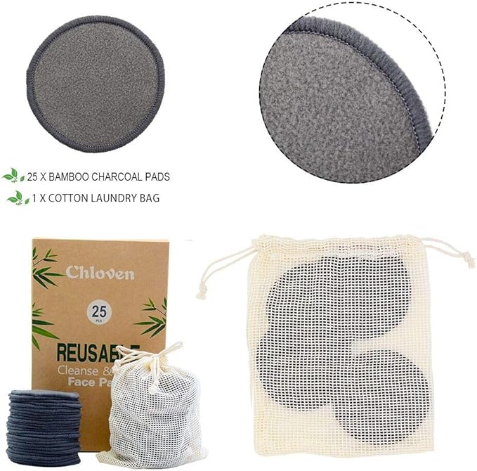 Chloven 25 Pack Charcoal Bamboo Reusable Makeup Remover Pads - Bamboo Reusable Cotton Rounds for Toner, Washable Eco-Friendly Pads for All Skin Types with Cotton Laundry Bag