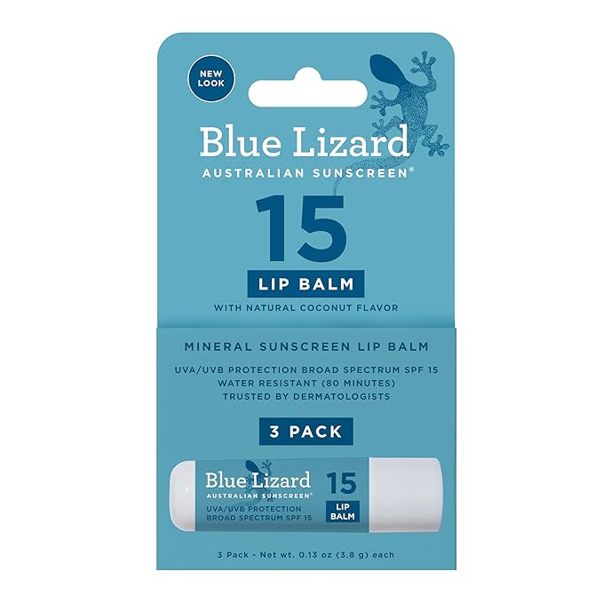 BLUE LIZARD Mineral SPF 15 Lip Balm, 3-Pack: Broad Spectrum Sun Protection, Natural Coconut Flavor, 8 Natural Oils, Infused with Australian Kakadu Plum, Rich in Vitamin C, Vegan, Each Tube 0.13 oz.