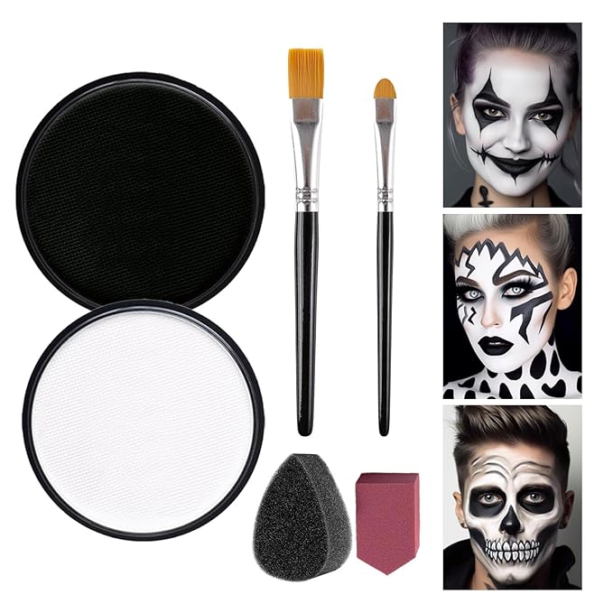 Black + White Face Body Paint, Water-Based Face Painting Kit Professional, Large Capacity SFX Makeup Set with brush & Powder puff, Sponge for Halloween Makeup Clown, Cosplay, Stage, Art Theater