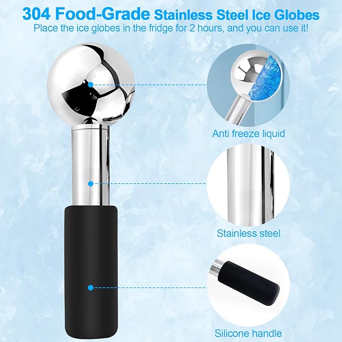 CGBE 360 Rotating Ice Globes For Face, Food-Grade Stainless Steel Facial Globes For Cryo Therapy, Smaller Ice Globes For Facials Reduce Wrinkles & Swelling - Black