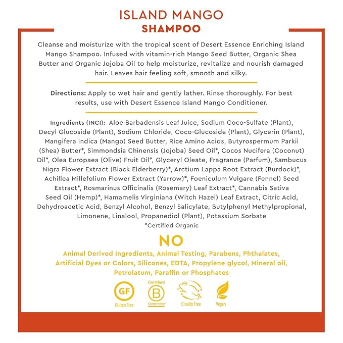Desert Essence Island Mango Shampoo, 8oz - Rich Repair with Mango Seed Butter, Organic Hemp Oil, Jojoba & Shea Butter - Vegan, Gluten-Free - Tropical Scent