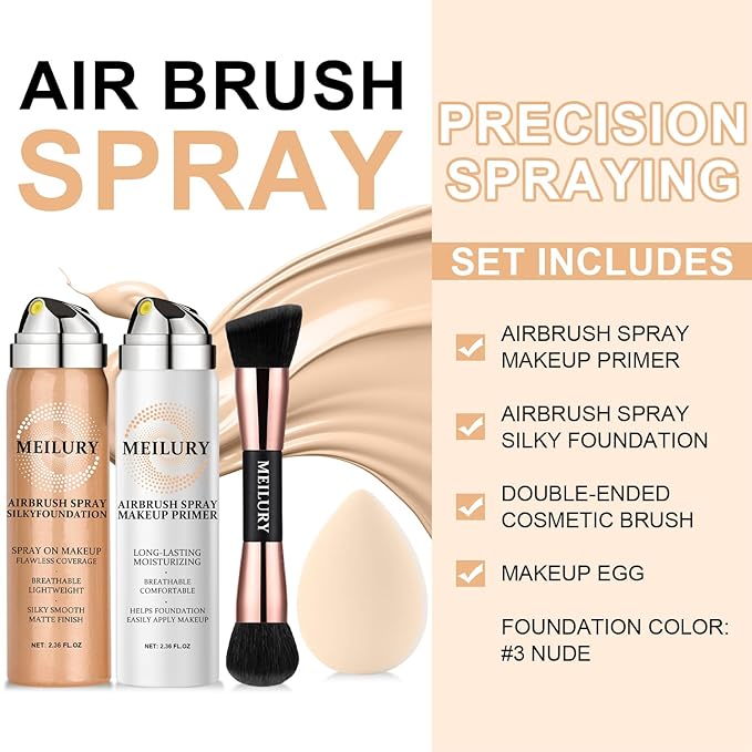 AirBrush Foundation Spray Set, Spray Foundation Makeup and Hydrating Face Air Primer Kit, Longwear Waterproof Liquid Matte Foundation Mist for Flawless Look (03 Nude)